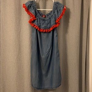 Saks Fifth Chambray Off the Shoulder Tassled Dress